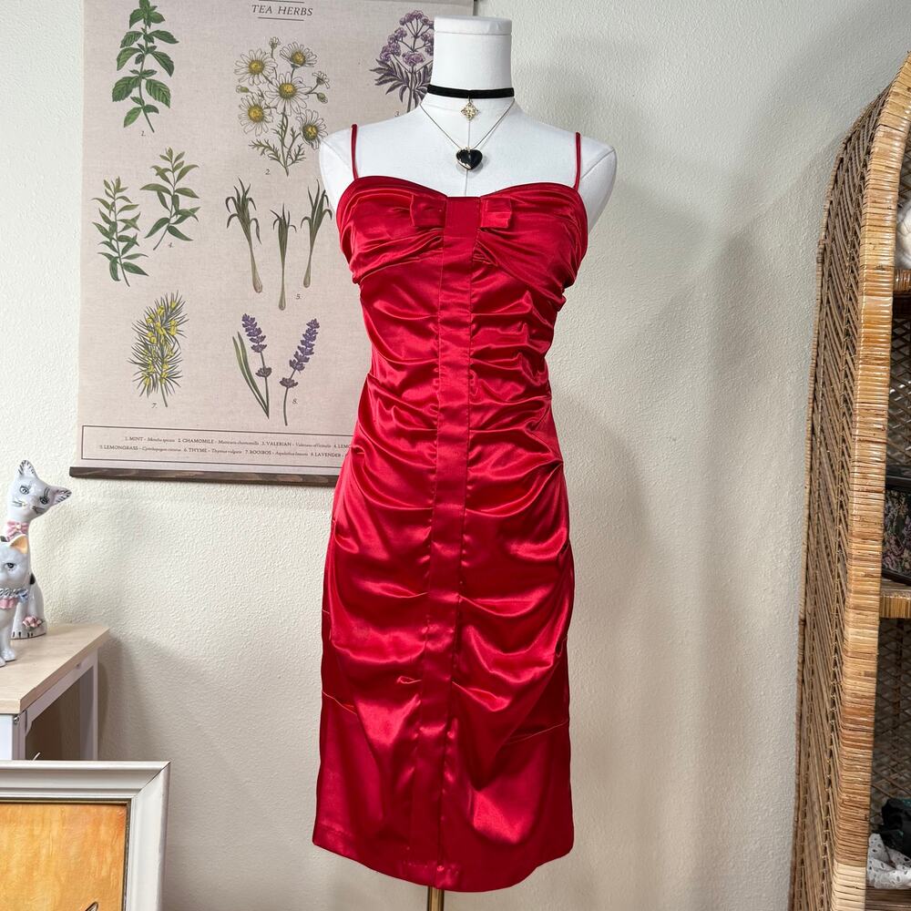 Vintage 90s Y2k Red Satin Bow Ruched Party Dress Sexy Romantic Goth Vampire XS